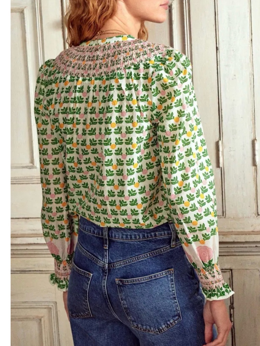 Boden Effie Smocked Split V-Neck Floral Top Long Sleeve Boho Green Pink Size 8 - Picture 13 of 14